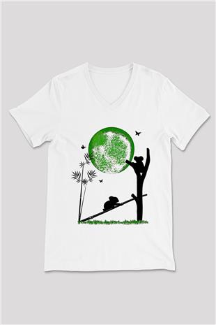 Koala Baskılı Beyaz Unisex V Yaka Tişört - Tshirt