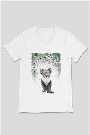 Koala Baskılı Beyaz Unisex V Yaka Tişört - Tshirt