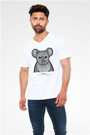 Koala Baskılı Beyaz Unisex V Yaka Tişört - Tshirt