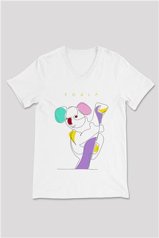 Koala Baskılı Beyaz Unisex V Yaka Tişört - Tshirt
