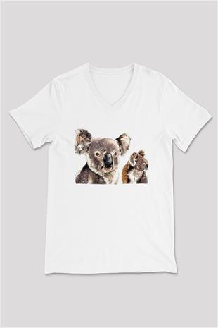 Koala Baskılı Beyaz Unisex V Yaka Tişört - Tshirt