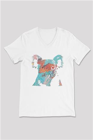Koala Baskılı Beyaz Unisex V Yaka Tişört - Tshirt