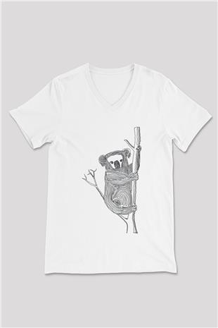 Koala Baskılı Beyaz Unisex V Yaka Tişört - Tshirt