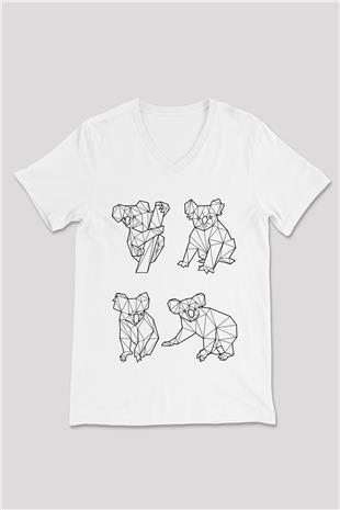 Koala Baskılı Beyaz Unisex V Yaka Tişört - Tshirt