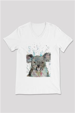 Koala Baskılı Beyaz Unisex V Yaka Tişört - Tshirt