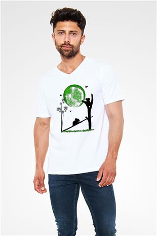Koala Baskılı Beyaz Unisex V Yaka Tişört - Tshirt