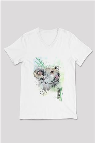 Koala Baskılı Beyaz Unisex V Yaka Tişört - Tshirt