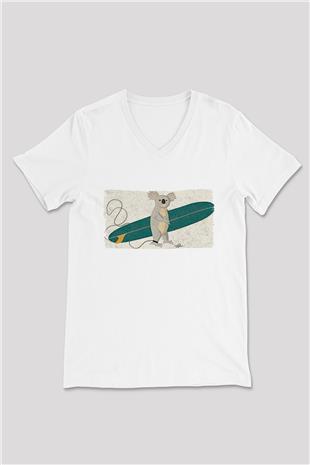 Koala Baskılı Beyaz Unisex V Yaka Tişört - Tshirt
