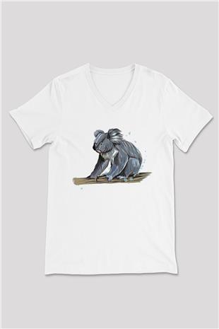 Koala Baskılı Beyaz Unisex V Yaka Tişört - Tshirt