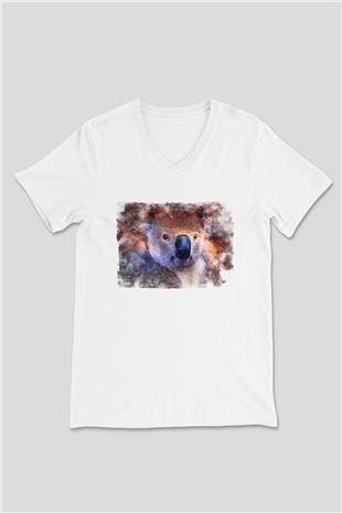 Koala Baskılı Beyaz Unisex V Yaka Tişört - Tshirt