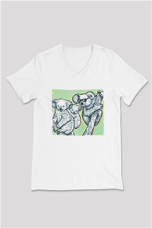 Koala Baskılı Beyaz Unisex V Yaka Tişört - Tshirt