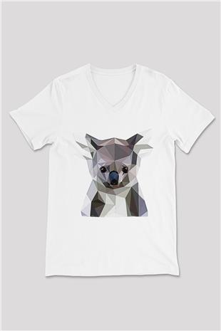 Koala Baskılı Beyaz Unisex V Yaka Tişört - Tshirt