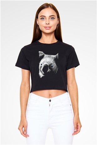 Koala Baskılı Siyah Crop Top Kadın Tişört - Tshirt
