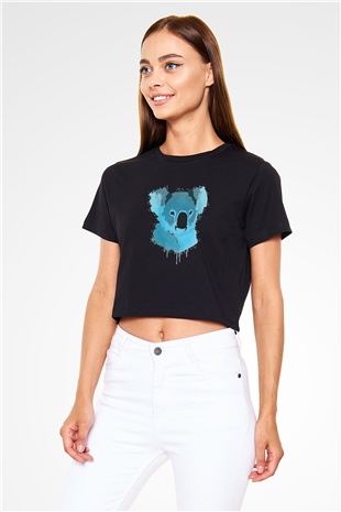 Koala Baskılı Siyah Crop Top Kadın Tişört - Tshirt