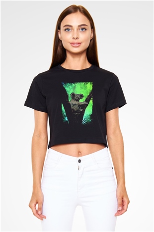 Koala Baskılı Siyah Crop Top Kadın Tişört - Tshirt