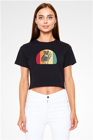 Koala Baskılı Siyah Crop Top Kadın Tişört - Tshirt