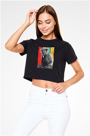 Koala Baskılı Siyah Crop Top Kadın Tişört - Tshirt