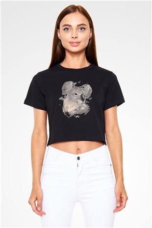 Koala Baskılı Siyah Crop Top Kadın Tişört - Tshirt