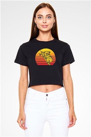 Koala Baskılı Siyah Crop Top Kadın Tişört - Tshirt