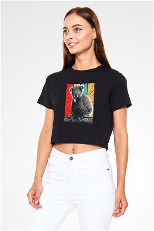 Koala Baskılı Siyah Crop Top Kadın Tişört - Tshirt