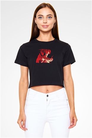 Koala Baskılı Siyah Crop Top Kadın Tişört - Tshirt
