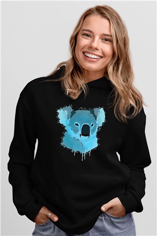 Koala Baskılı Unisex Siyah Hoodie