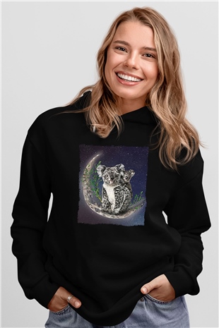 Koala Baskılı Unisex Siyah Hoodie