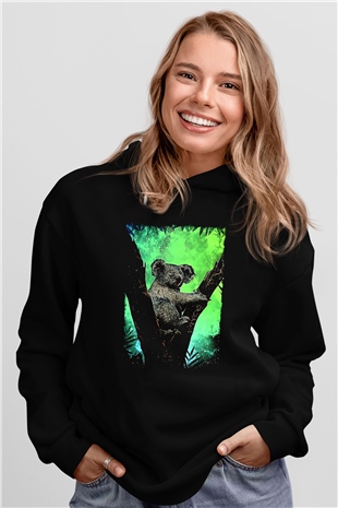 Koala Baskılı Unisex Siyah Hoodie