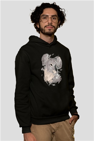 Koala Baskılı Unisex Siyah Hoodie