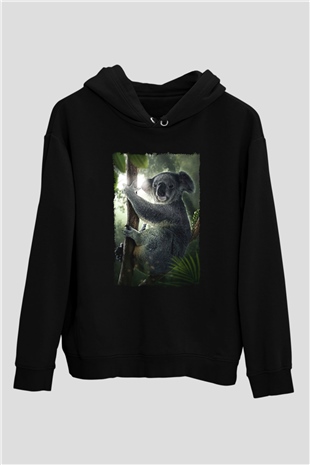 Koala Baskılı Unisex Siyah Hoodie