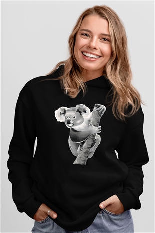 Koala Baskılı Unisex Siyah Hoodie