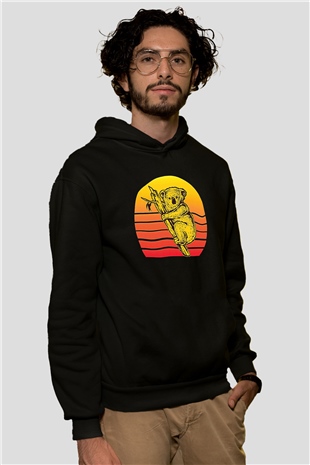 Koala Baskılı Unisex Siyah Hoodie