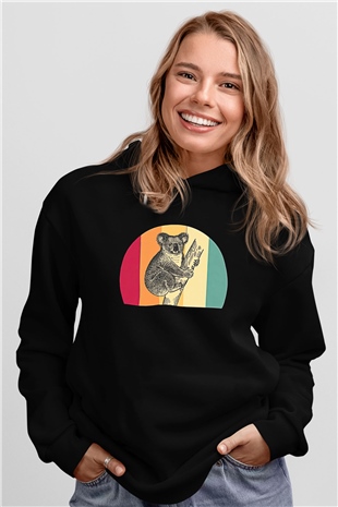Koala Baskılı Unisex Siyah Hoodie