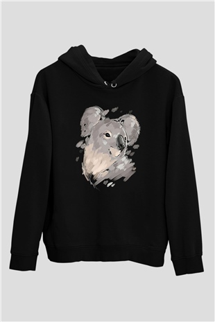 Koala Baskılı Unisex Siyah Hoodie
