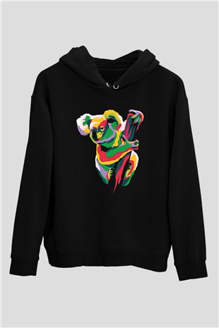 Koala Baskılı Unisex Siyah Hoodie