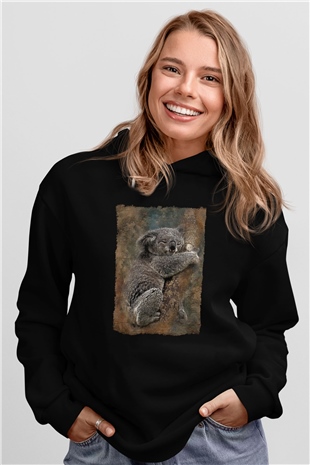Koala Baskılı Unisex Siyah Hoodie