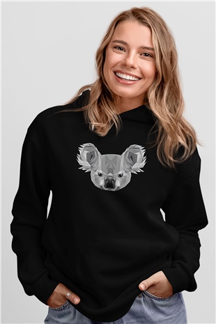 Koala Baskılı Unisex Siyah Hoodie