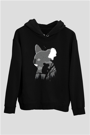 Koala Baskılı Unisex Siyah Hoodie