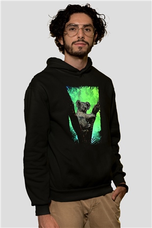 Koala Baskılı Unisex Siyah Hoodie