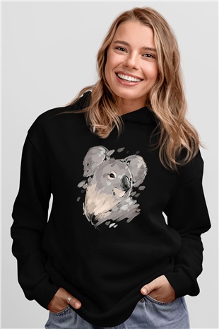 Koala Baskılı Unisex Siyah Hoodie
