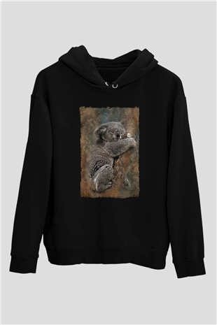 Koala Baskılı Unisex Siyah Hoodie