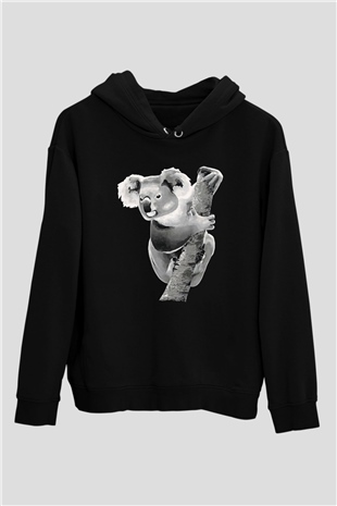 Koala Baskılı Unisex Siyah Hoodie