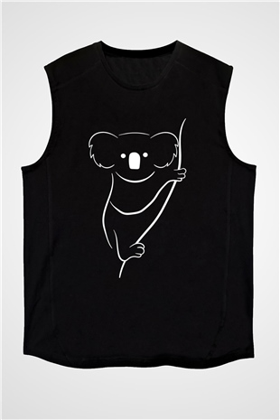 Koala Baskılı Unisex Siyah Kolsuz Tişört - Tshirt