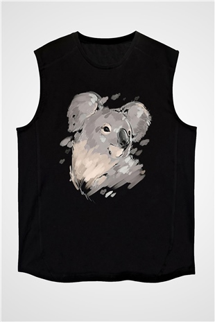Koala Baskılı Unisex Siyah Kolsuz Tişört - Tshirt