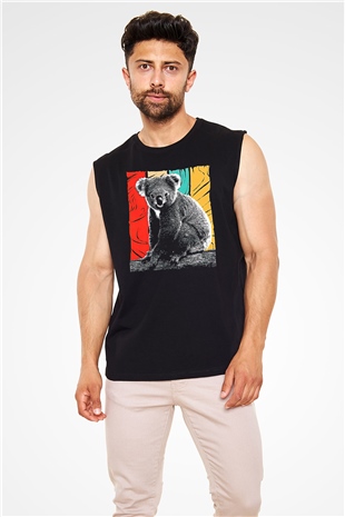 Koala Baskılı Unisex Siyah Kolsuz Tişört - Tshirt