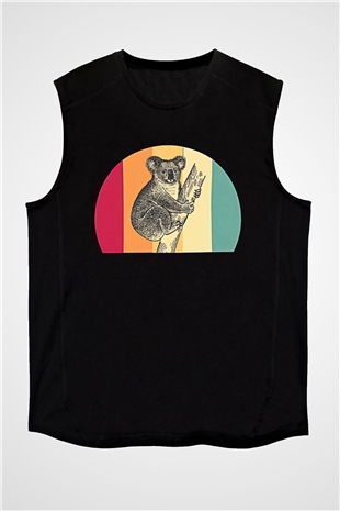 Koala Baskılı Unisex Siyah Kolsuz Tişört - Tshirt