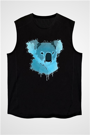 Koala Baskılı Unisex Siyah Kolsuz Tişört - Tshirt