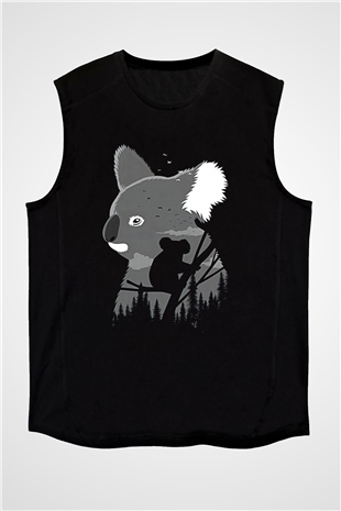 Koala Baskılı Unisex Siyah Kolsuz Tişört - Tshirt