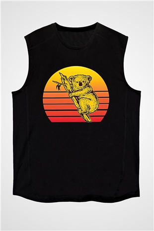 Koala Baskılı Unisex Siyah Kolsuz Tişört - Tshirt