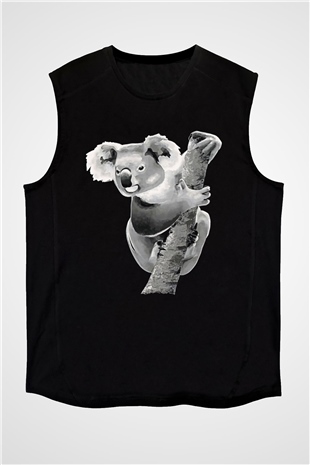 Koala Baskılı Unisex Siyah Kolsuz Tişört - Tshirt